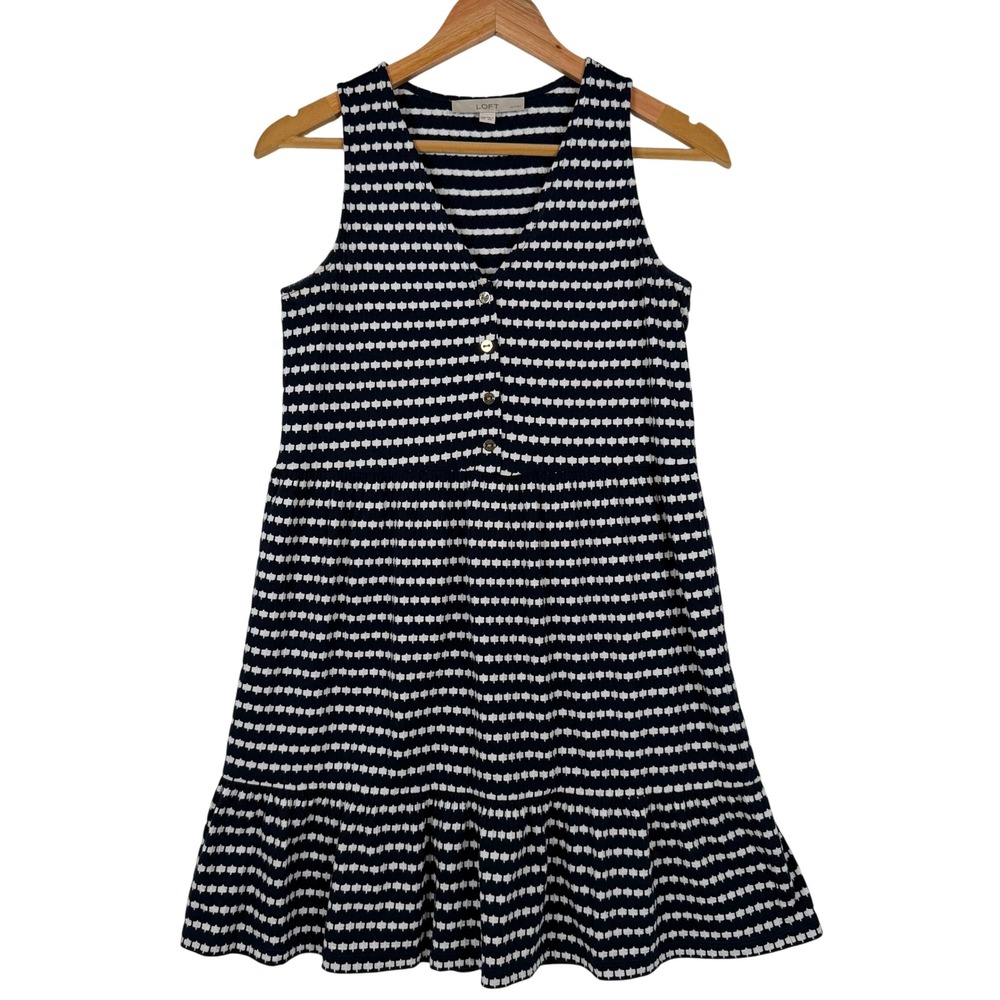 LOFT Knit Dress Womens XXSP Navy Blue White Geometric Striped Ruffle Hem V-Neck‎